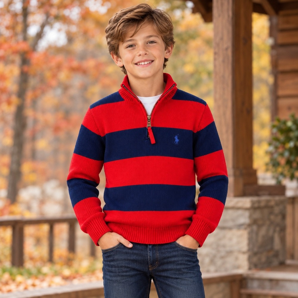 VTG Polo Ralph Lauren Boys S Red Navy Striped Quarter Zip Preppy Cotton Sweater